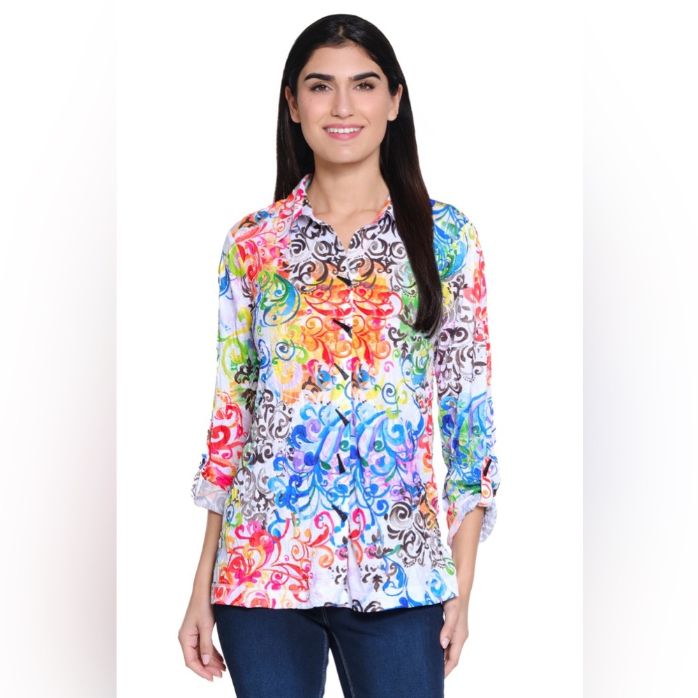 NWT Ali Miles PS Knit Button Front Blouse Point Collar Crinkle Colorful Print